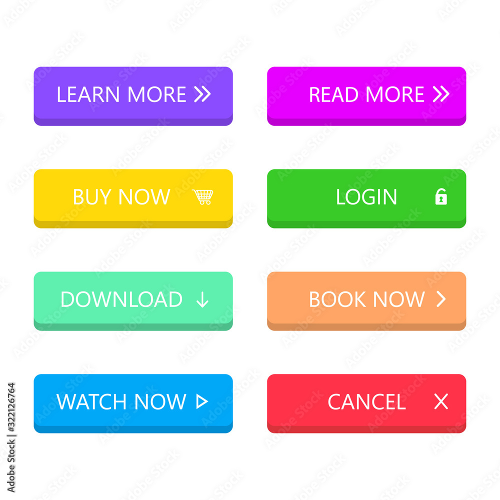 Set of modern style buttons in flat style for mobile app, web, banner, game. Multicolored buttons on isolated background. Navigation menu for login, learn, read, download, buy, watch, cancel. Vector. Set of modern style buttons in flat style for mobile app, web, banner, game. Multicolored buttons on isolated background. Navigation menu for login, learn, read, download, buy, watch, cancel. Vector.