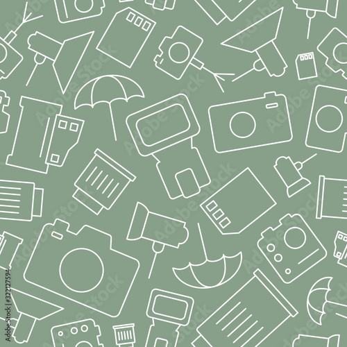 Photo equipment background - Vector seamless pattern minimal symbols of camera, flash, lens, tripod, slr and light for graphic design