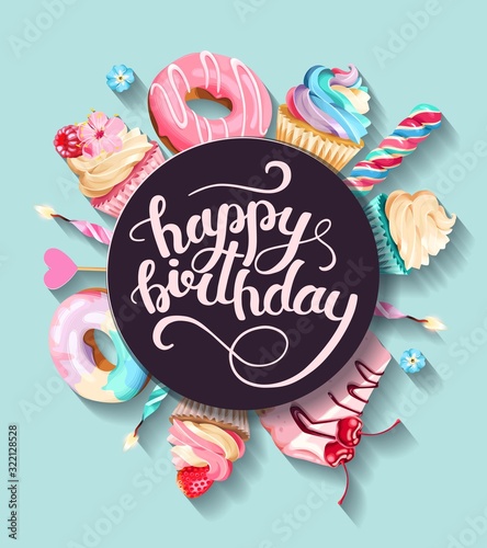 Greeting birthday card with cupcakes and cakes