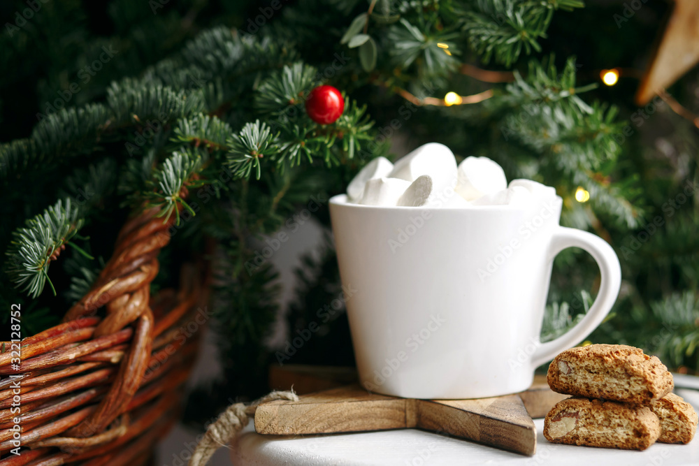 Coffee in a white cup with marshmallows. Morning festive coffee with traditional Italian cantuccini almond cookies. A cup of coffee on a background of green fir branches on a white stand.