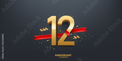 12th Year anniversary celebration background. 3D Golden number wrapped with red ribbon and confetti on black background.