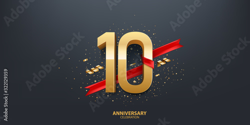 10th Year anniversary celebration background. 3D Golden number wrapped with red ribbon and confetti on black background.
