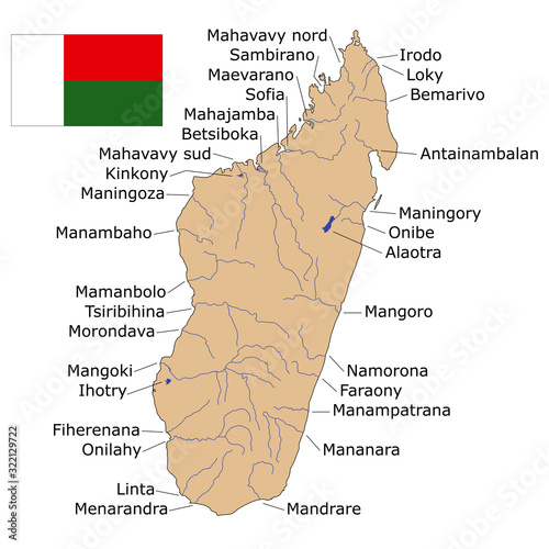 Map of the island of Madagascar with a flag. Rivers and lakes. Island state. Vector graphics. photo