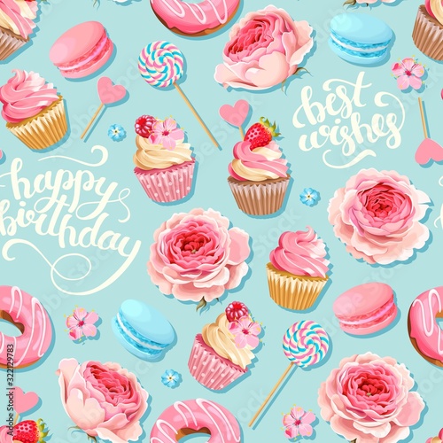 Vector seamless pattern with cupcakes and donuts