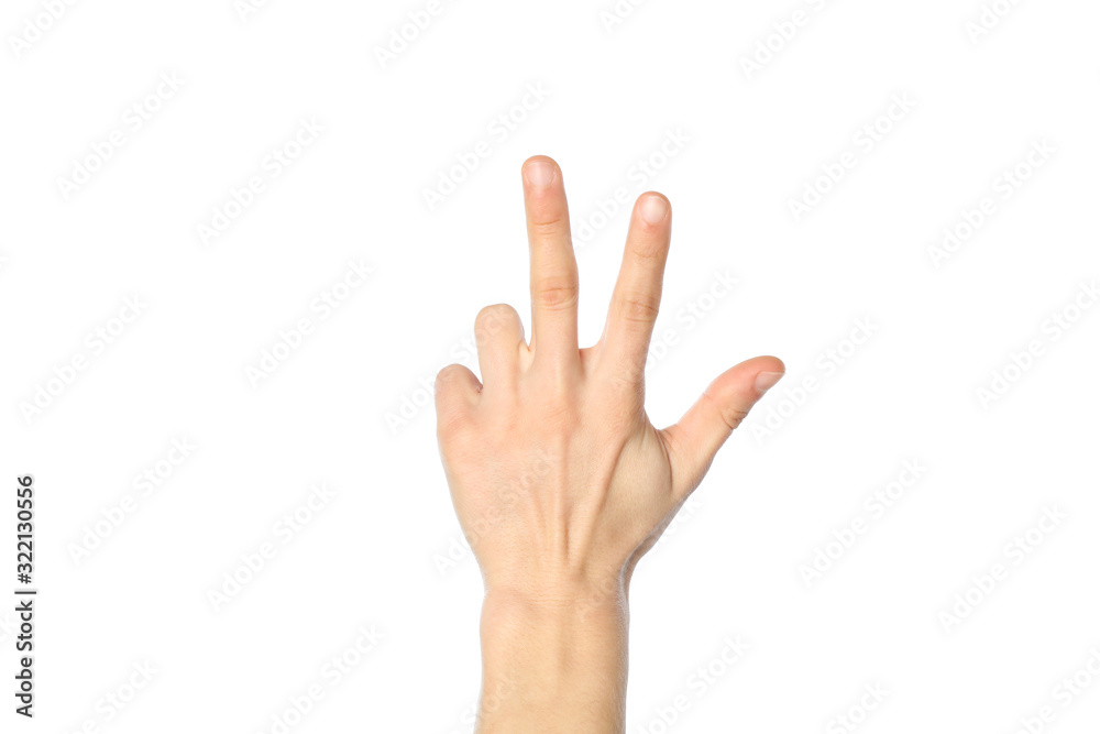 Male hand showing three fingers, isolated on white background Male hand showing three fingers, isolated on white background