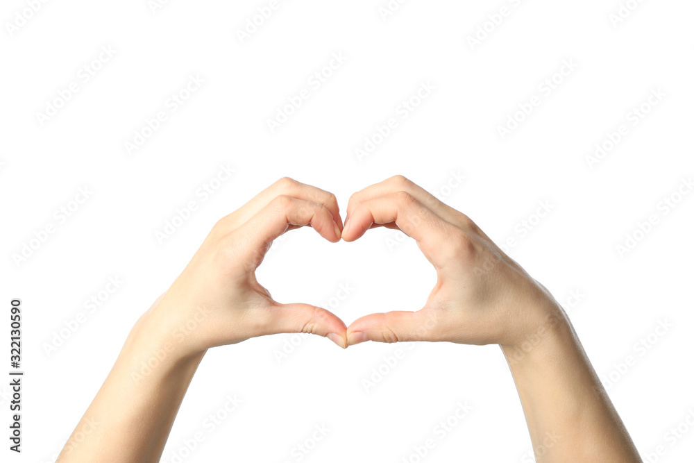 Female hands show heart, isolated on white background Female hands show heart, isolated on white background