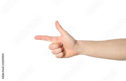 Male hand points, isolated on white background. Gestures