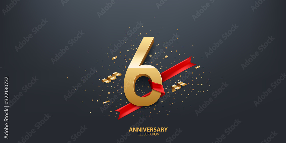 6th Year anniversary celebration background. 3D Golden number wrapped with red ribbon and confetti on black background. - obrazy, fototapety, plakaty 