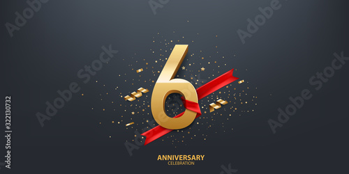 6th Year anniversary celebration background. 3D Golden number wrapped with red ribbon and confetti on black background.