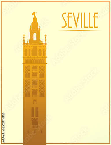 Image of Seville city with an illustration of Giralda tower in flat design  with golden gradient and blank space photo