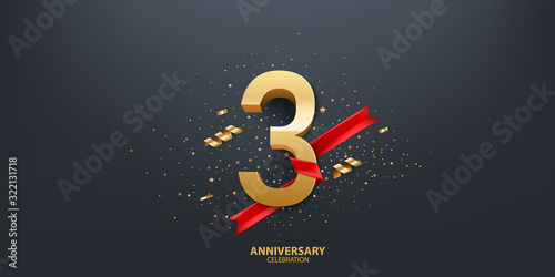 3rd Year anniversary celebration background. 3D Golden number wrapped with red ribbon and confetti on black background. photo