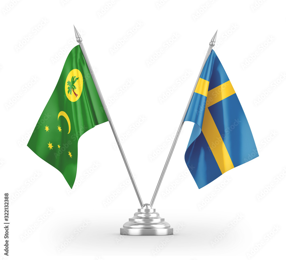 Sweden and Cocos Keeling Islands table flags isolated on white 3D rendering Sweden and Cocos Keeling Islands table flags isolated on white 3D rendering