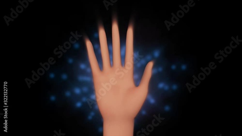Human hand surrounded by glowiing aura energy particles. 3d animation render photo