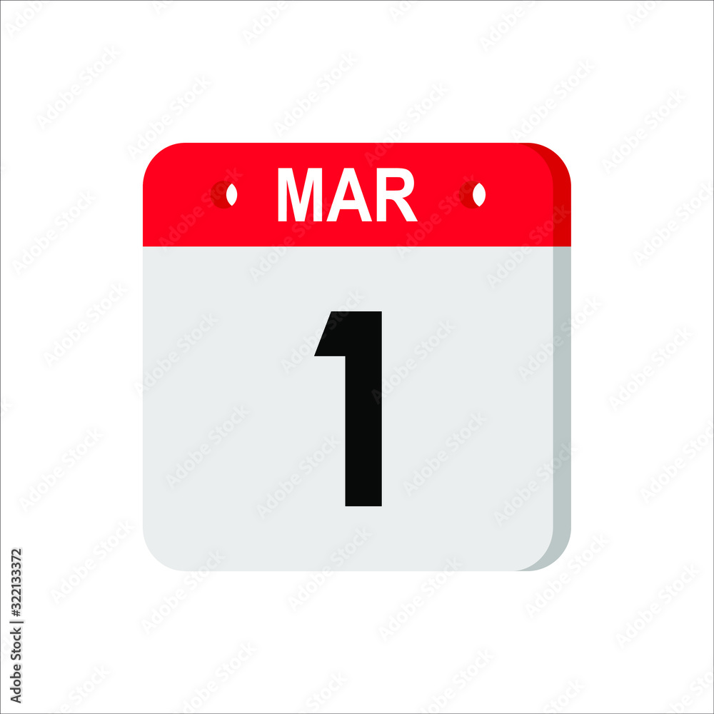 March 1 - Calendar Icon. Calendar Icon with shadow. Flat style. Date, day and month. Reminder. Vector illustration. Organizer application, app symbol. Ui. User interface sign. EPS 10 March 1 - Calendar Icon. Calendar Icon with shadow. Flat style. Date, day and month. Reminder. Vector illustration. Organizer application, app symbol. Ui. User interface sign. EPS 10