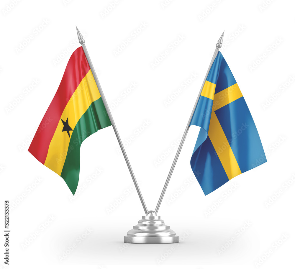 Sweden and Ghana table flags isolated on white 3D rendering Sweden and Ghana table flags isolated on white 3D rendering