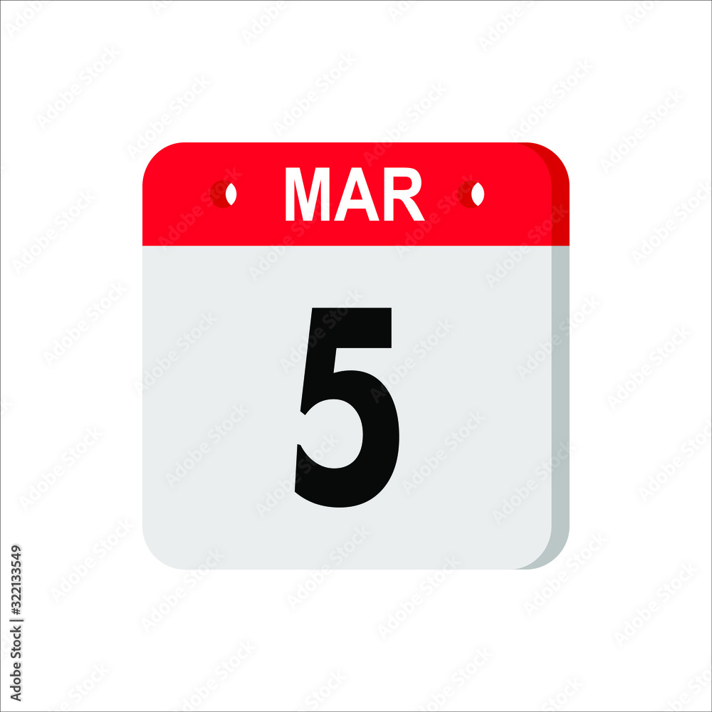 March 5 - Calendar Icon. Calendar Icon with shadow. Flat style. Date, day and month. Reminder. Vector illustration. Organizer application, app symbol. Ui. User interface sign. EPS 10 March 5 - Calendar Icon. Calendar Icon with shadow. Flat style. Date, day and month. Reminder. Vector illustration. Organizer application, app symbol. Ui. User interface sign. EPS 10