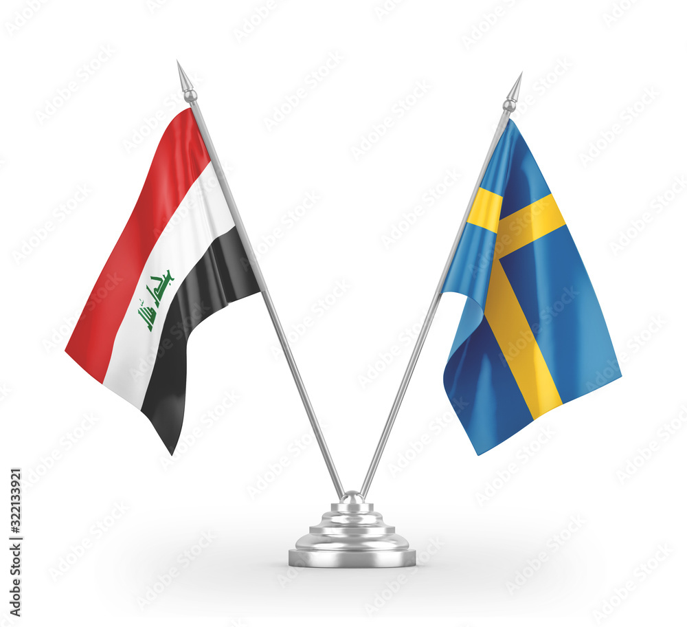 Sweden and Iraq table flags isolated on white 3D rendering Sweden and Iraq table flags isolated on white 3D rendering