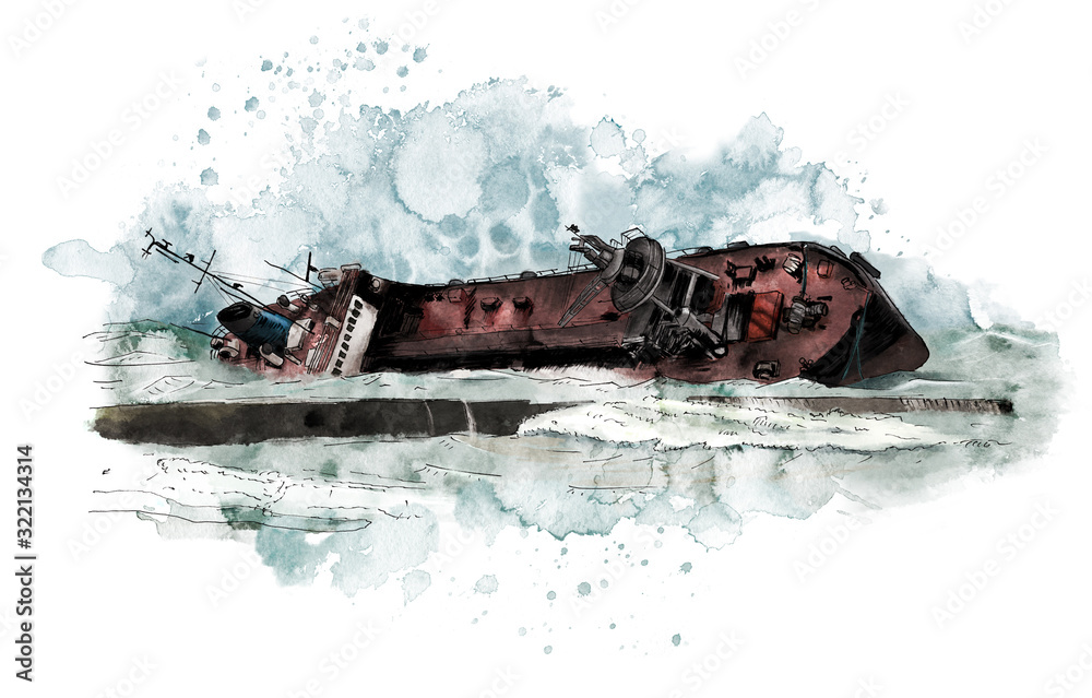 Watercolor Seascape with old wrecked tanker ship. Watercolor modern illustration - obrazy, fototapety, plakaty 