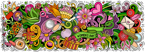 Happy Womens Day hand drawn cartoon doodles illustration. Colorful vector banner
