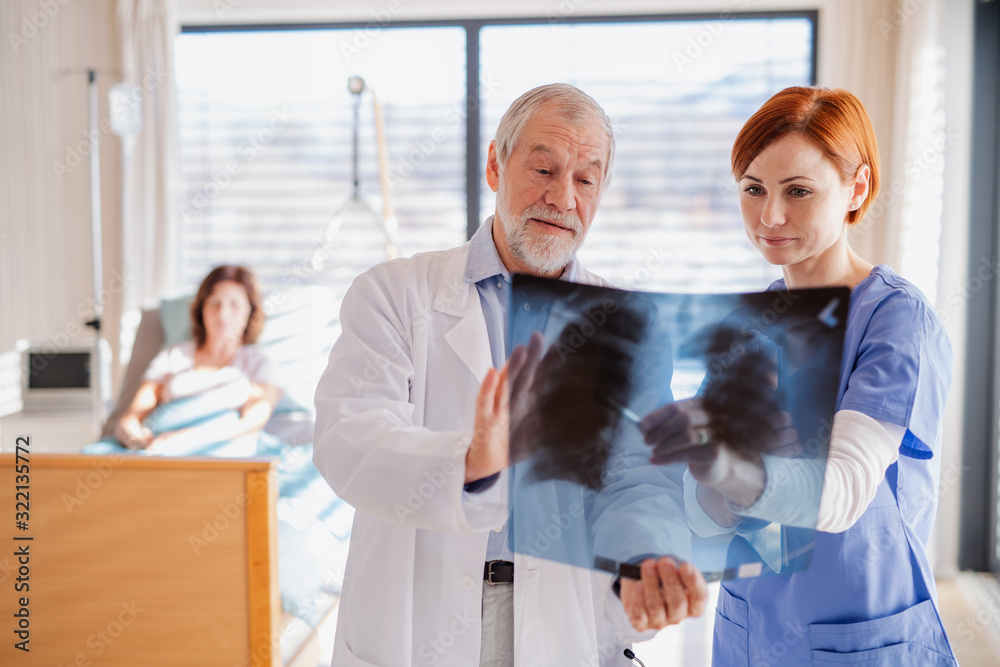 Fototapeta premium Doctors standing in hospital room, examining an X-ray.