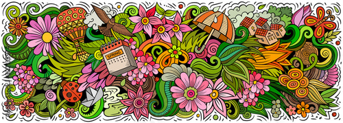 Spring hand drawn cartoon doodles illustration. Colorful vector banner