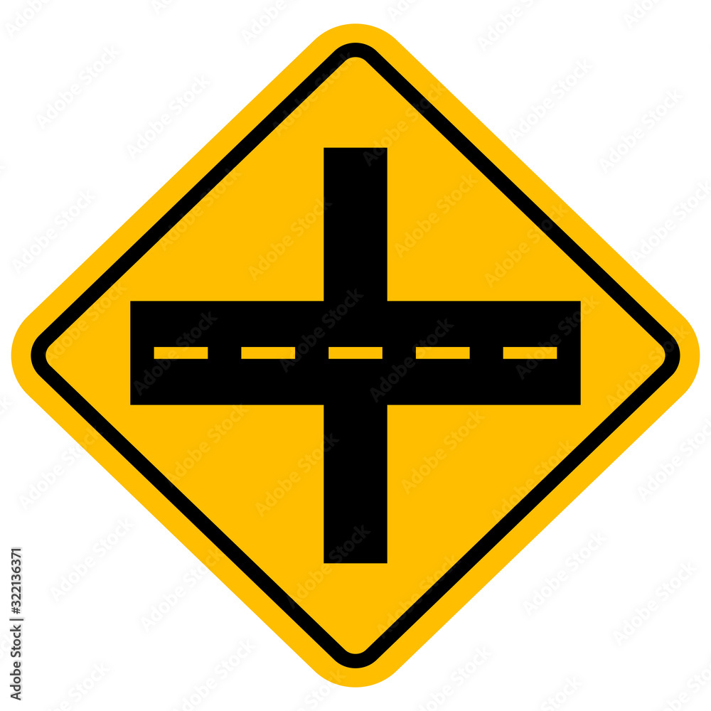 Obraz premium Crossroad warning sign. Yellow background. Way to all drivers.