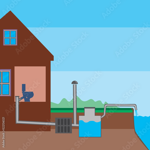 A sewerage filtering and draining of water for reuse, a vector stock illustration with a toilet and rural communication and eco-friendly pipline for design