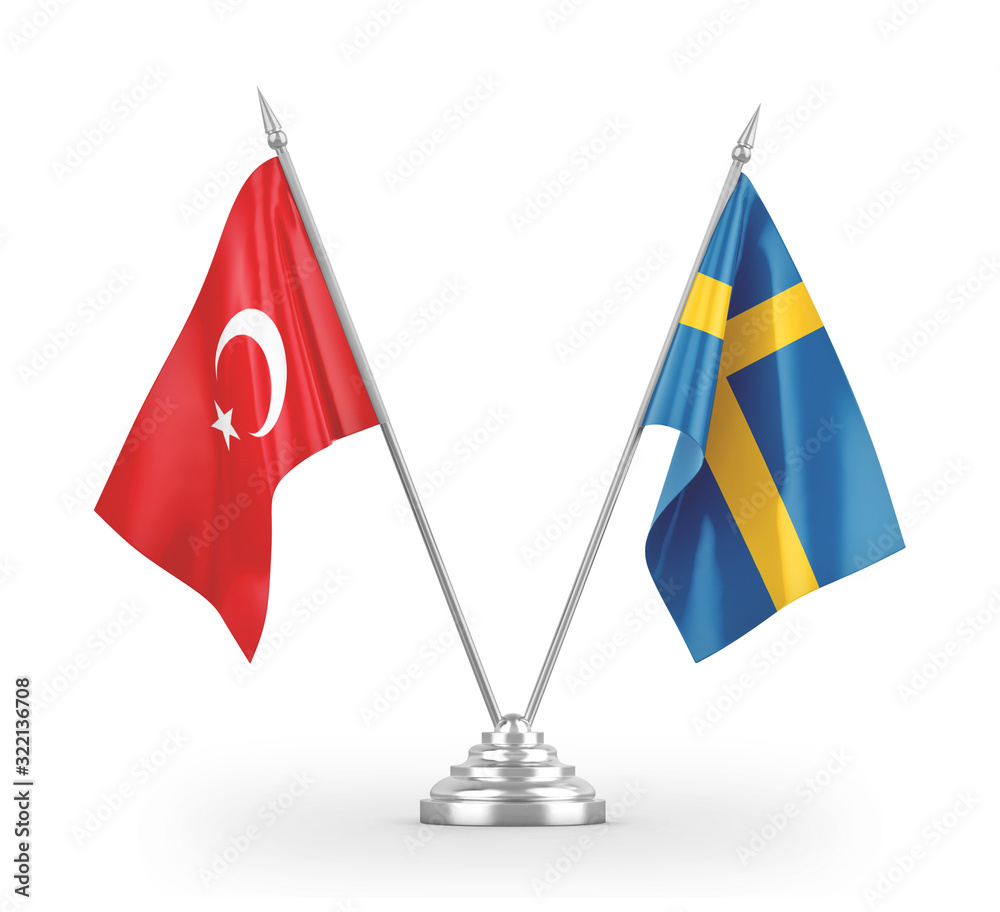 Sweden and Turkey table flags isolated on white 3D rendering Sweden and Turkey table flags isolated on white 3D rendering