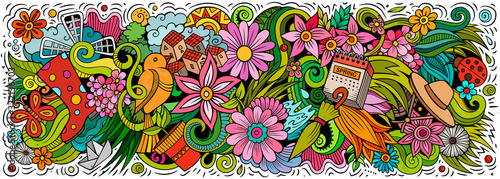 Spring hand drawn cartoon doodles illustration. Colorful vector banner