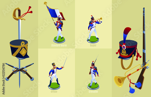 Napoleon's grenadiers french soldiers and officer Set isometric icons on isolated background