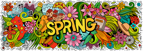 Wallpaper Mural Spring hand drawn cartoon doodles illustration. Colorful vector banner Torontodigital.ca