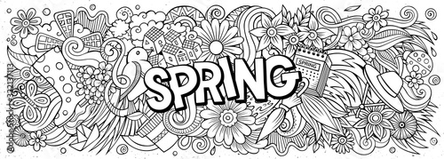 Spring hand drawn cartoon doodles illustration. Line art vector banner