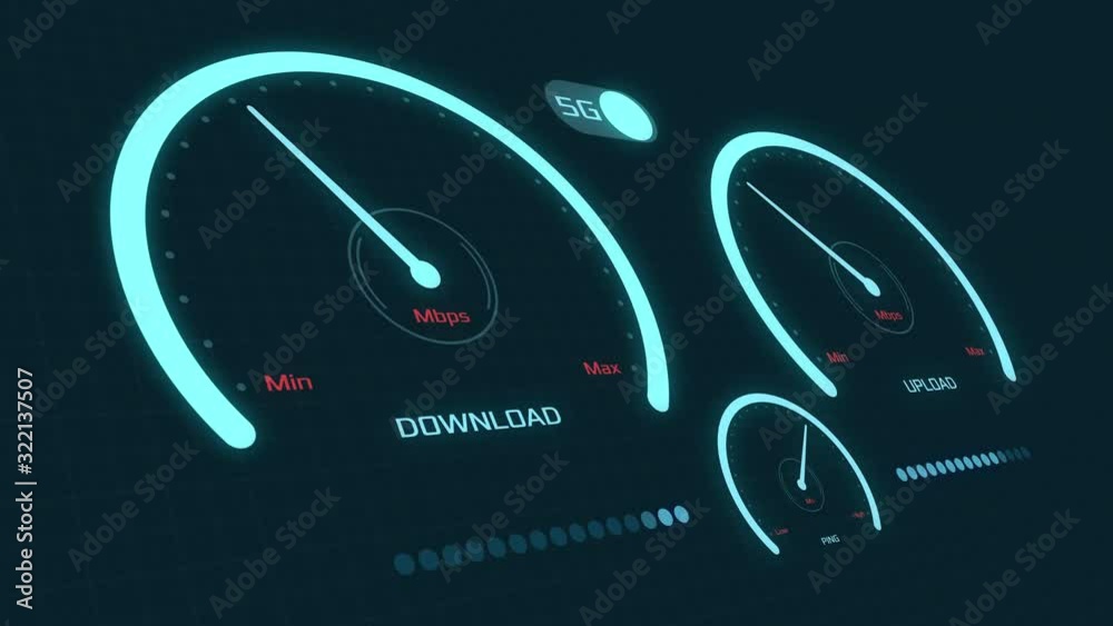 dashboard with speedometer for download and upload speed, with a switch from 4G to 5G, concept of fast network speed and new technology