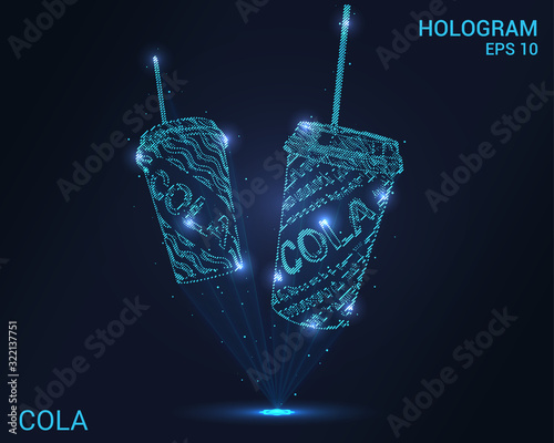 A hologram of a cola. Holographic projection of cola cups. Flickering energy flux of particles. Scientific design of drinks.