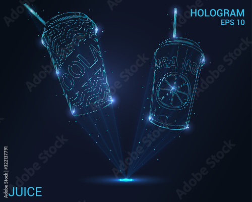 Hologram juice. Holographic projection cups with tubes Flickering energy flux of particles. Scientific design of drinks.