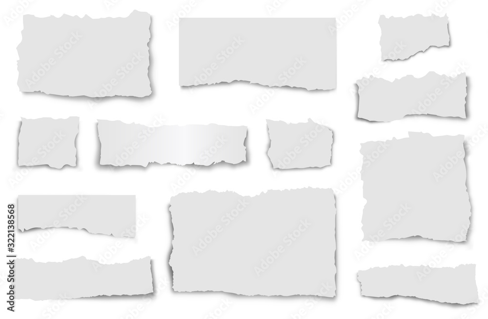 Set of paper waste on a white background. Torn paper of various shapes with shadows.