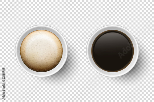Vector 3d Realistic Disposable Opened Paper, Plastic Coffee Drinks Cup with Capuccino, Espresso or Americano Set Closeup Isolated on Transparent Background. Design Template, Mockup. Top View