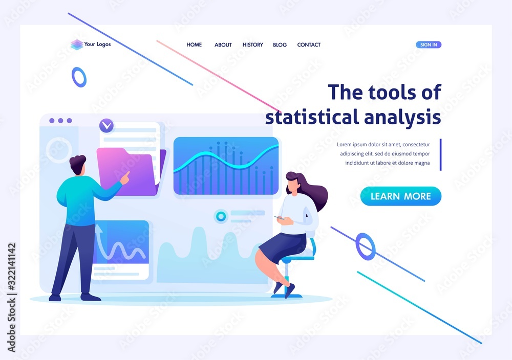 Young entrepreneurs testing statistical analysis tools on a tablet. Flat 2D character. Landing page concepts and web design Young entrepreneurs testing statistical analysis tools on a tablet. Flat 2D character. Landing page concepts and web design