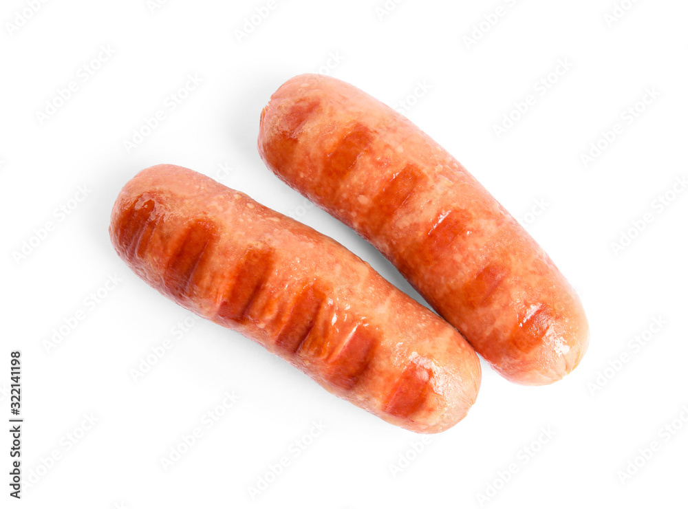 Tasty grilled sausages isolated on white, top view Tasty grilled sausages isolated on white, top view