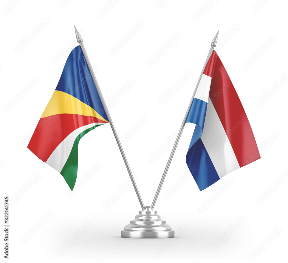 Netherlands and Seychelles table flags isolated on white 3D rendering Netherlands and Seychelles table flags isolated on white 3D rendering