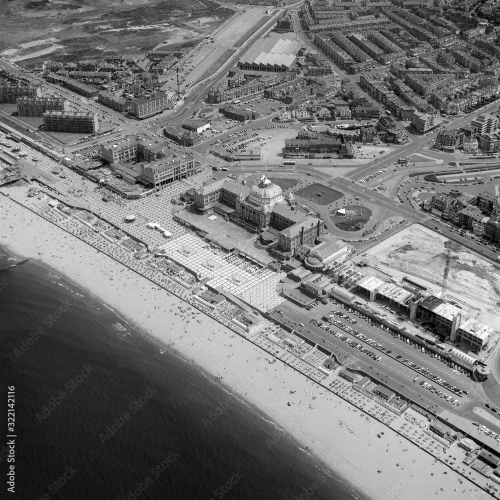Fototapeta premium Scheveningen, Holland, June 20 - 1975: Historical aerial photo in black and white of the Kurhaus