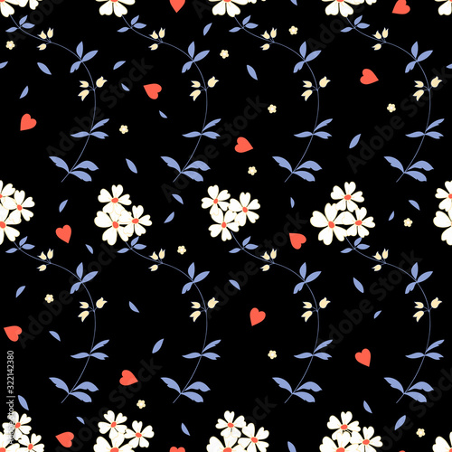 Seamless Vector Floral pattern with small flowers, branches and hearts for decoration, print, textile, fabric, stationery © BeatrizPascual