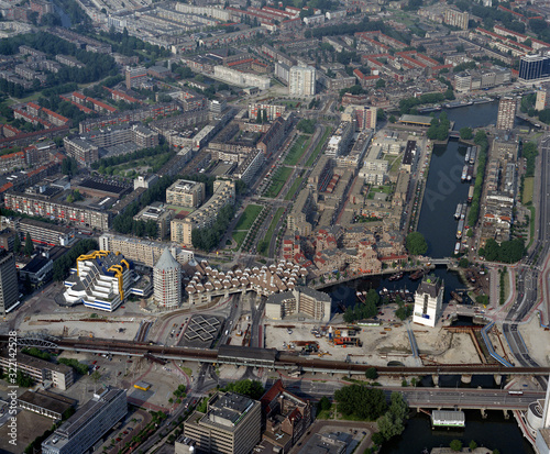 Rotterdam, Holland, August 8 - 1988: Historical aerial photo of the Blaak with cube houses in Rotterdam, Holland