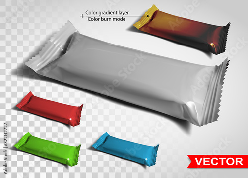 Colorful empty blank polyethylene package. Mockup set for snack product, chocolate bar, sweet stick. Gradient layered vector packaging.