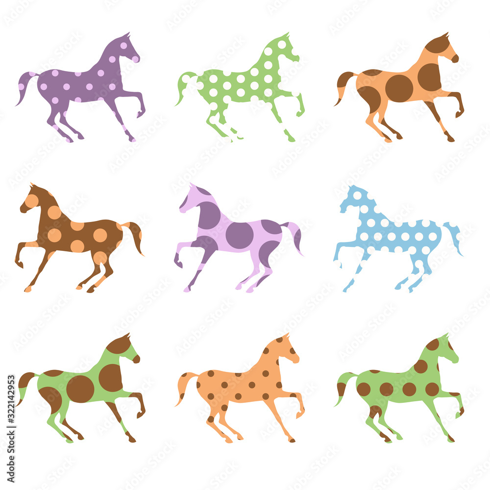Horse silhouette with polka dot pattern set. Сolorful funny handmade craft style. Vector abstract. Equestrian cute retro design ornament. Horse silhouette with polka dot pattern set. Сolorful funny handmade craft style. Vector abstract. Equestrian cute retro design ornament.