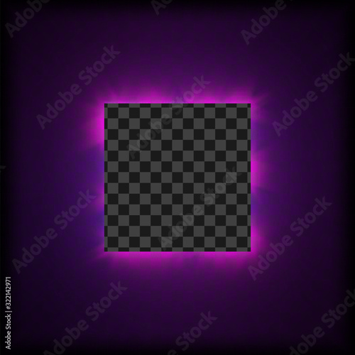 eps10. Neon square frame on a transparent background for posters, cafe, shop, banner, promotion, restaurant. Bright signboard. Vector illustration