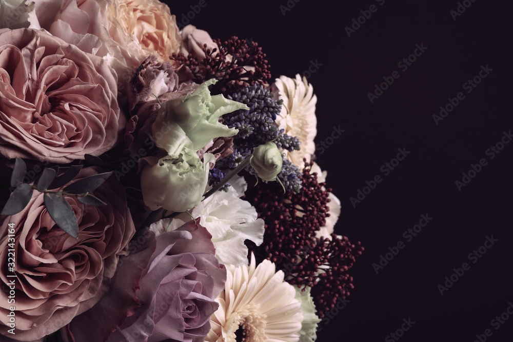 Beautiful bouquet on black background. Floral card design with dark vintage effect