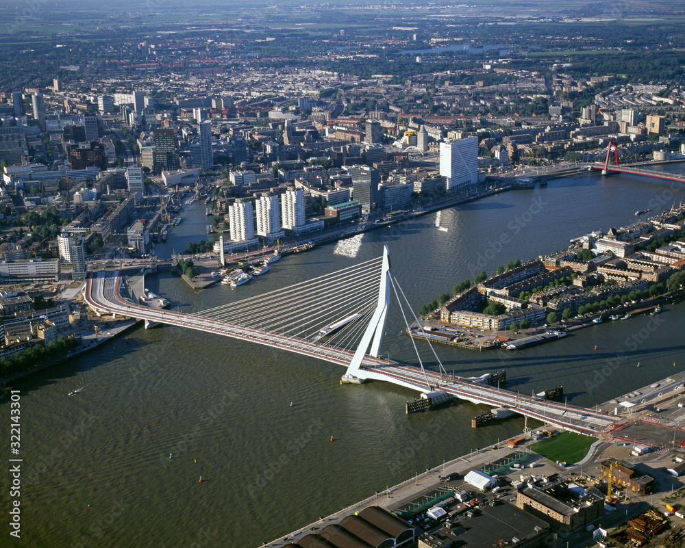 Rotterdam, Holland,September 5, 1996: Historical aerial photo of the Erasmusbrug in Rotterdam, Holland