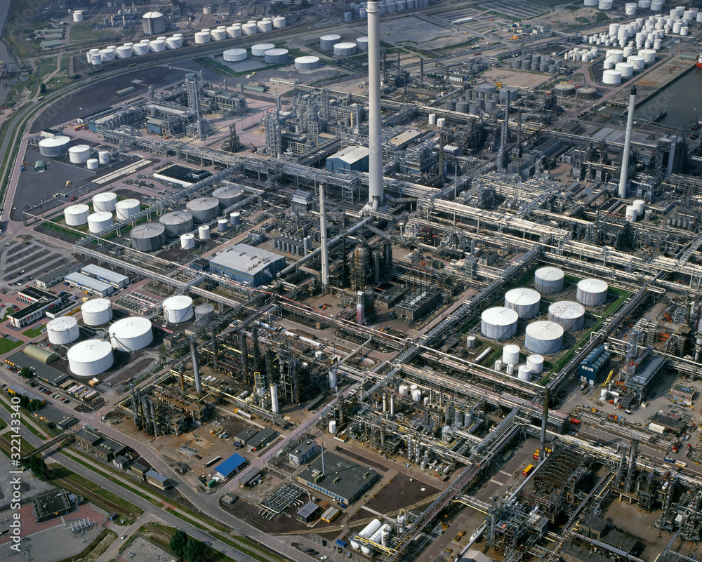 Rotterdam, Holland,July 10 - 1997: Historical aerial photo of Pernis, petrochemical industry, Rotterdam, Holland