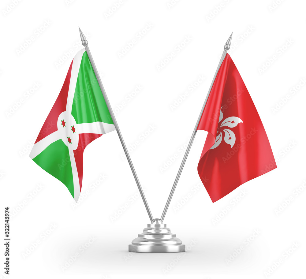 Hong Kong and Burundi table flags isolated on white 3D rendering Hong Kong and Burundi table flags isolated on white 3D rendering